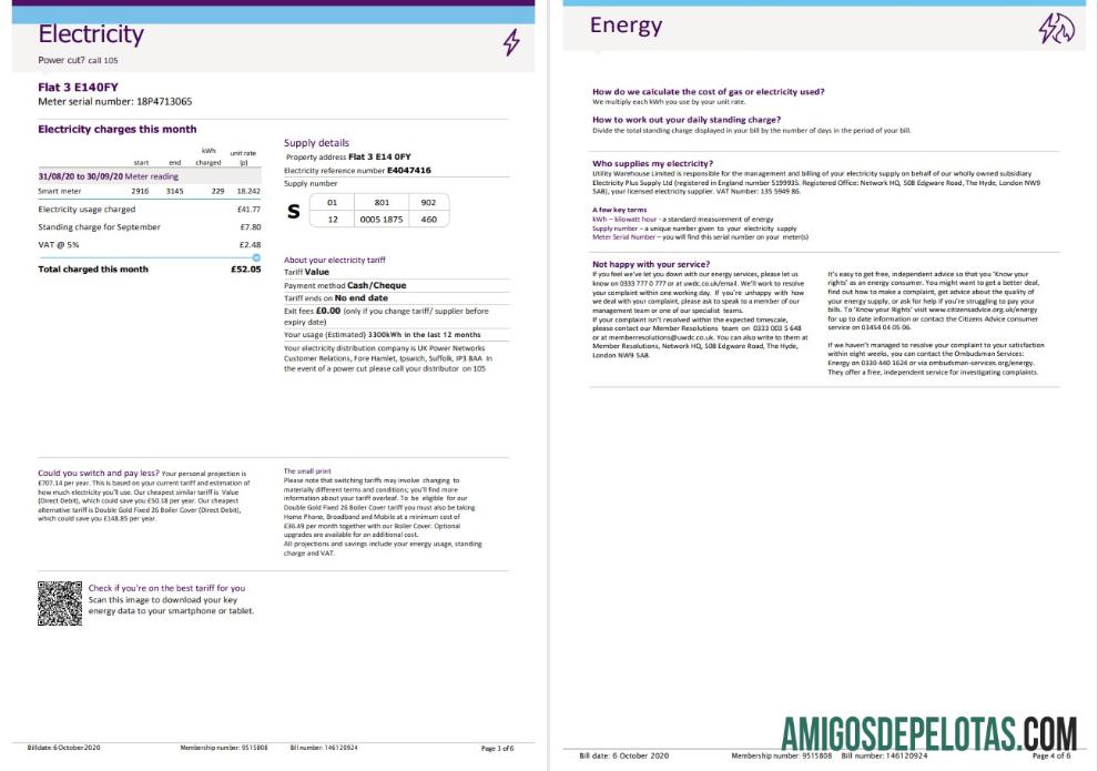 Em branco modelo de fatura de serviços públicos de eletricidade para armazém de serviços públicos do Reino Unido em formato Word e PDF (6 páginas) 3 4